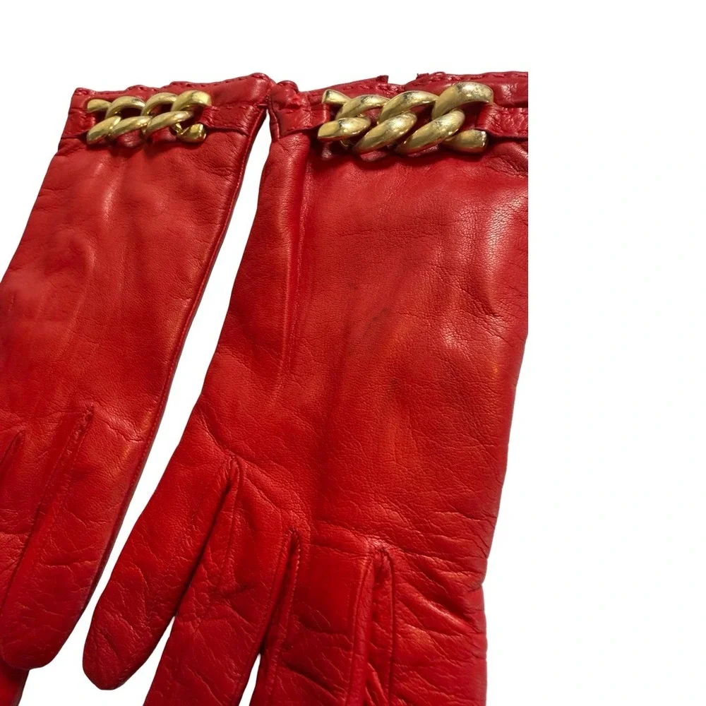Sermoneta Red Leather Cashmere Lined Gloves Gold Chain Detail Size 7.5 Italy